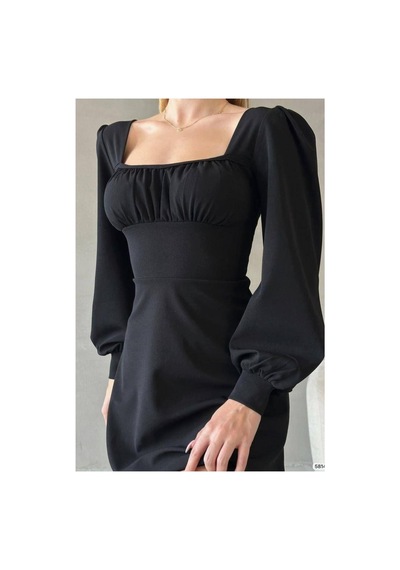 DefyModa Kadın Minimal Krep Kumaş Kare Yaka Uzun Kollu Elbise Siyah