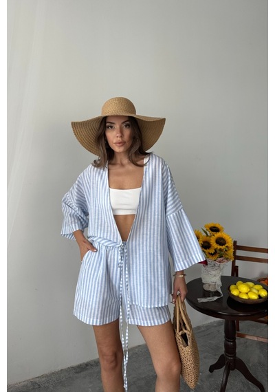 Moderie Butik Çizgili Tunik -şort Takım - Mavi