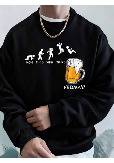 Startmore Startmorecuma Bira Sevgilisi Komik Baskılı Erkek Kazak Kış Polar Sıcak Hoodies Kore Gevşek Bisiklet Ya Siyah
