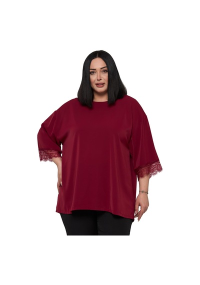 Disentis Modest Büyük Beden Dantel Detaylı Yarım Kol Bordo Bluz Bordo