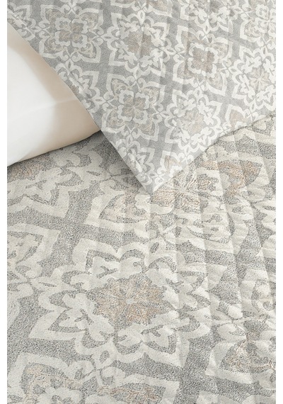 Gri Etnik Geometrik Tek Kişilik Pike Takımı - Bej Bohem Kapitone Mevsimlik Yatak Örtüsü 160x220 Cm Melez Halı Aurası