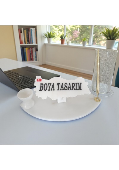 Doğal Beyaz Mermer Masa İsimlik Kalem Ve İğnelikli