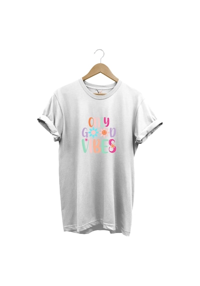 Only Good Vibes Baskılı Papatya Desenli Renkli %100 Pamuk Regular Fit Bisiklet Yaka Beyaz T-shirt Beyaz