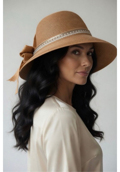 Mollycrush Kadın Camel Kurdele Detaylı Hasır Güneş Şapkası L Günlük Ve Plaj Kullanımına Uygun Cloche Model Kahverengi