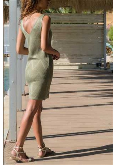 Aqe Fashion Kadın Zigzag Desenli V Yaka Askılı Haki Elbise Haki