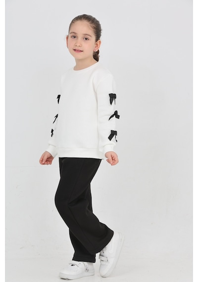 Erdem Kıds Kız Çocuk 3 İplik Şardonlu Kurdele Detaylı Basic Sweatshirt-bol Kesim Palazzo Eşofman Takım Ekru-siyah Ekru-siyah