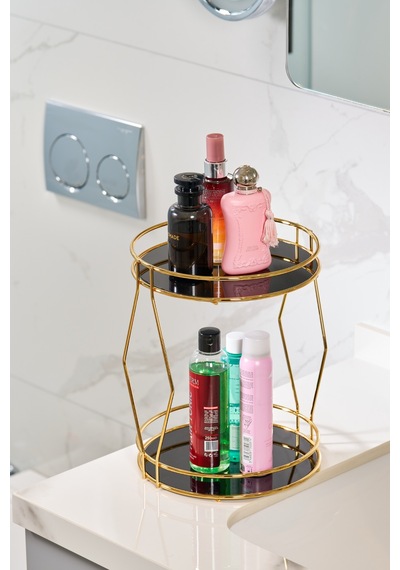 Parlak Altın 2 Katlı Banyo Organizer Takı Parfüm Kozmetik Düzenleyici Pleksili