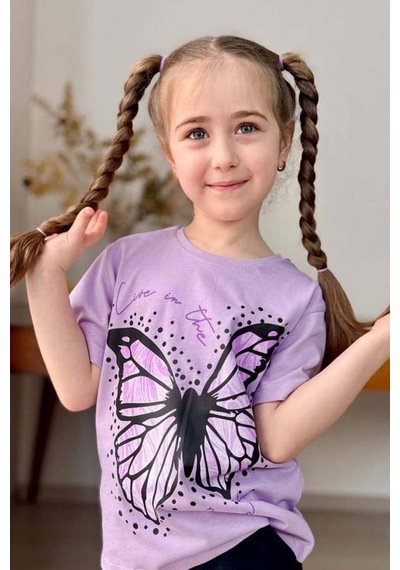 Riccotarz Kız Çocuk Kara Kalem Kelebek Baskılı Penye Lila T-shirt Şortlu Takım Lila