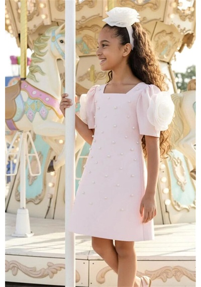 Pamina Kids Pamina Kız Çocuk Taç Tokalı İncili Elbise Pembe 36129