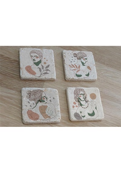 Line Art Heykel Portre Doğal Taş Bardak Altlığı 4'lü Set - Natural Stone Coasters-174099 Beyaz