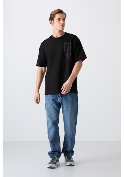 Tommy Life Siyah Pamuklu Kalın Yüzeyi Dokulu Oversize Fit Baskılı Erkek T-shirt - 88338 001