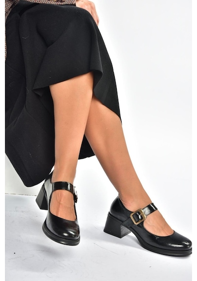 Fox Shoes T820236060 Siyah Rustik Kalın Topuklu Kadın Ayakkabı Siyah