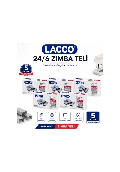 Lacco 24/6 Zımba Teli 5'li Paket 1000'lik Güçlü Dayanıklı Paslanmaz Ofis Okul Zımba Teli