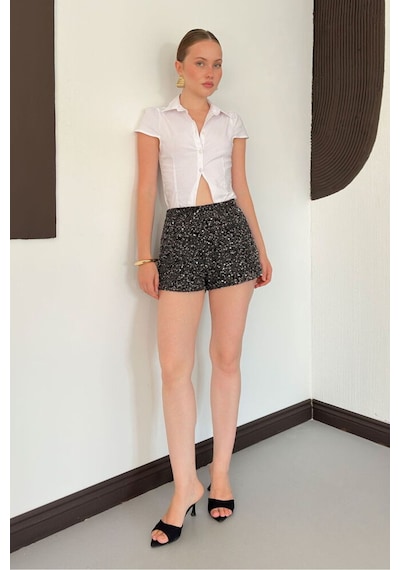 Verymoda Pullu File Şort D3133 Siyah