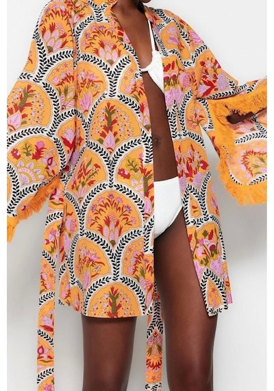 Ersefa Moda Dokuma Regular Kalıp Crop V Yaka İspanyol Kol Vual Basic Çiç Turuncu
