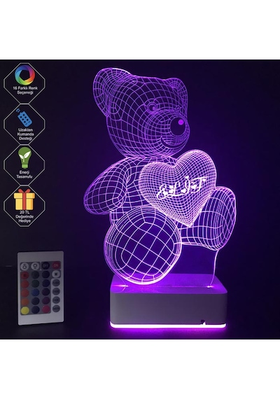 Kişiye Özel 3D Aşk Ayıcık Masaüstü Led Lamba