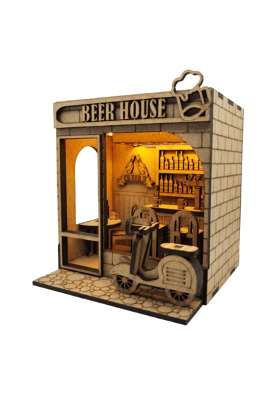 Beer House Ahşap Maket Seti Dıy Miniatür Meyhane Book Nook Koleksiyoner Model