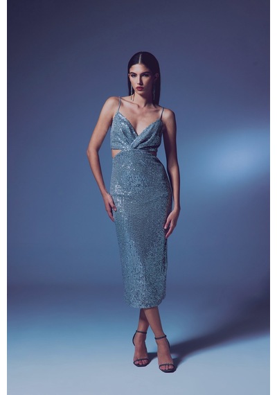 Sateen Dekolteli Payet Elbise - Gümüş-135647 Gümüş