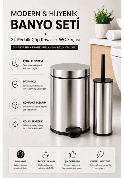 Pedallı 3 Lt Paslanmaz Metal Çöp Kovası ve Tuvalet Fırçası, 2’li Banyo ve WC Seti – Krom