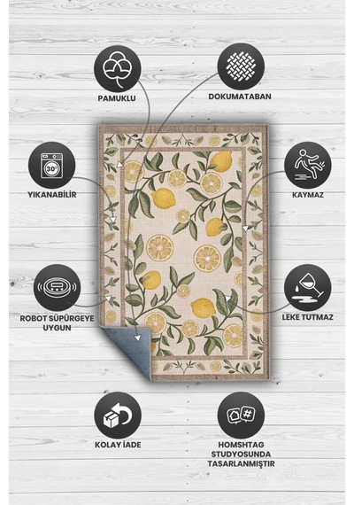 Homshtag Art Deco Limon Desenli Halı Bitki Temalı Sarı Renk Modern Limon Desenli Dijital Baskı Halı Çok Renkli