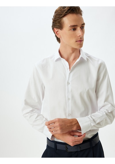 Koton Slim Fit Gömlek Uzun Kollu Yarım İtalyan Yaka Pamuklu Beyaz 5wam60110hw Beyaz