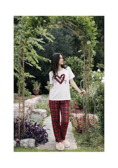 Rindahomewear Kadın Milan Kalpli Ekose Desenli Kısakol Pijama Takımı Beyaz Ekose