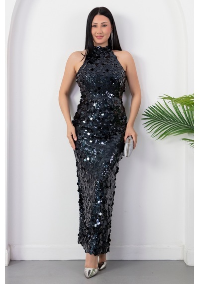 Kalopya Halter Yaka Büyük Pullu Elbise Abiye Ecr6094 Lacivert