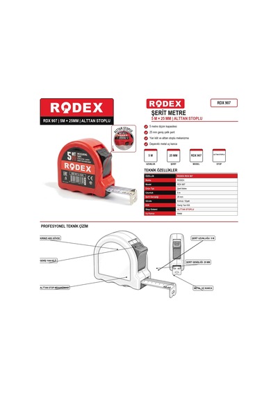 Rodex Rdx 907 5 Metre 25 Mm Alttan Stoplu Şerit Metre 5 M