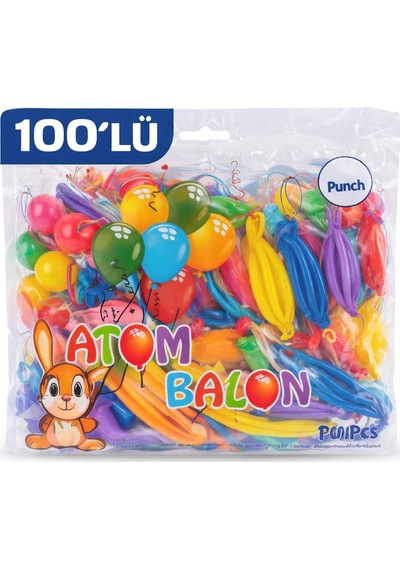 Renkli Atom Balon Punch Balon Lastik İpli Parti Balonu 100 Adet Diğer