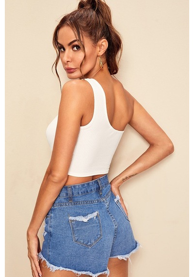 Moda Dua Kadın Beyaz Tek Omuz Crop Büstiyer