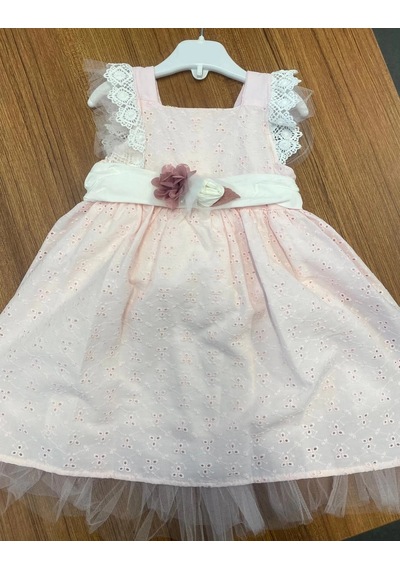 Lamato Baby Yazlık Keten Kemerli Çiçek Aksesuarlı Bebe Kız Elbise Pembe