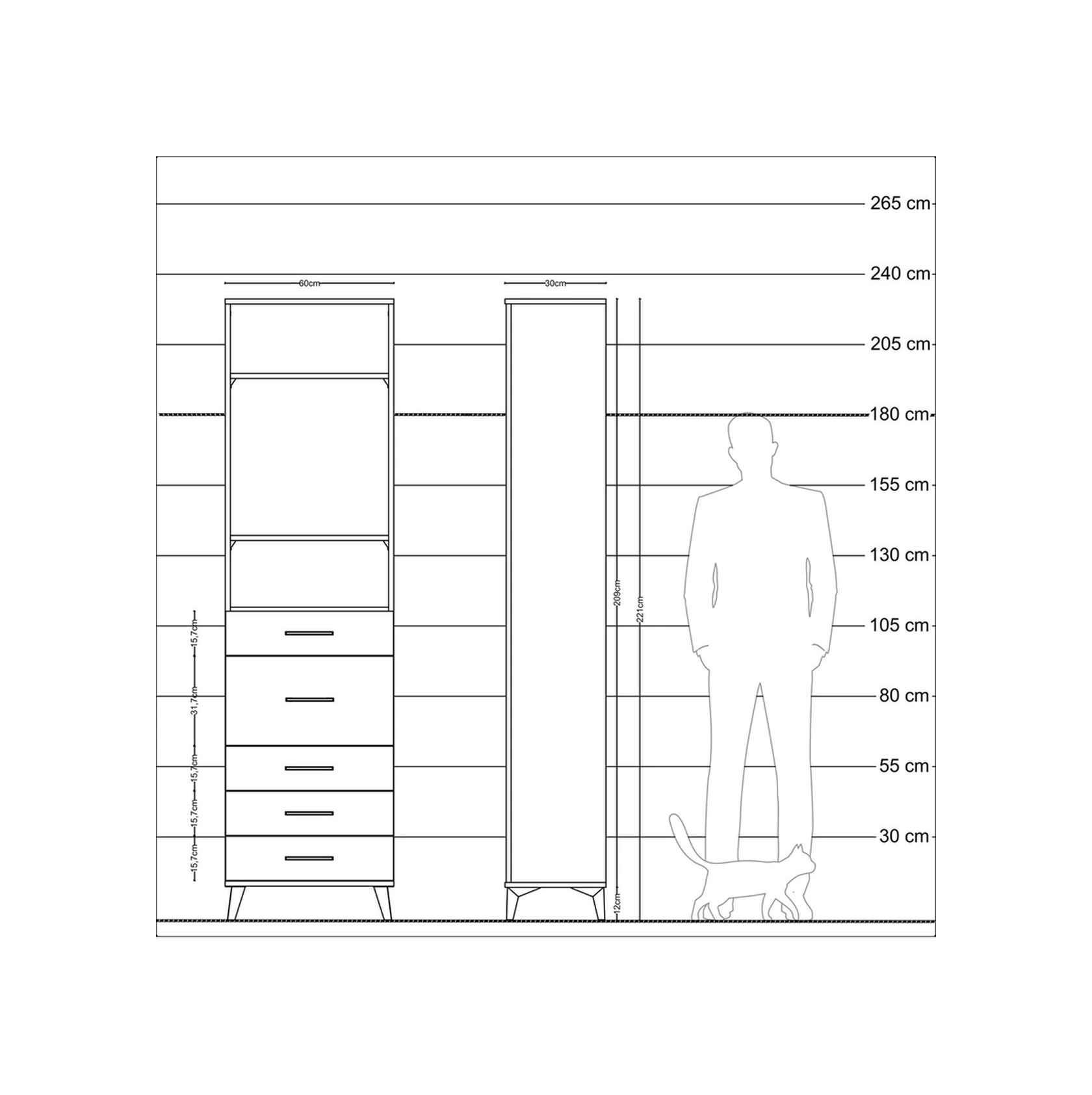 Arges Dolap 3 Raflı 5 Çekmeceli 60x30x221 Antrasit-aytaşı Antrasit