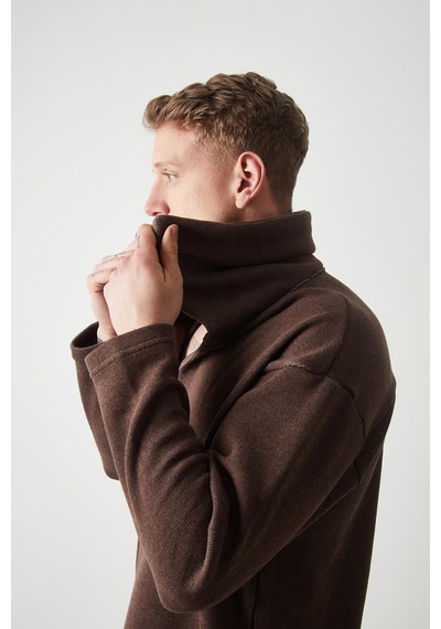 R-5850 Yaka Detaylı Örme Sweat Kahverengi