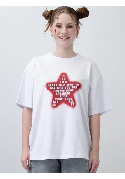 Zekids Kız Çocuk Yıldız Harf Baskılı Oversize T-shirt-15532 Beyaz