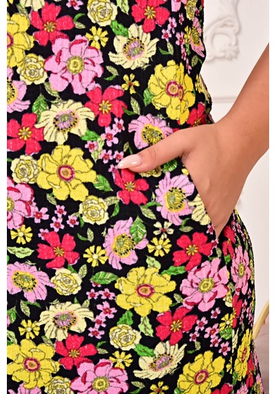 Neşeli Butik Kadın Büyük Beden Çiçek Desenli Viskon Elbise Aysl71 Sarı