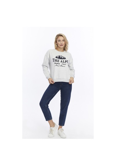 Gidia Kadife The Alps Desenli Gri Melanj Yumuşak Dokulu Regular Fit Bisiklet Yaka Kadın Sweatshirt Grimelanj