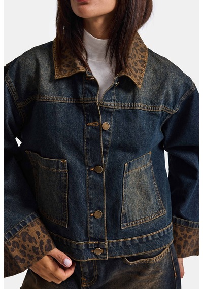 Kadın T.kot Rengi 2w6-8 Oversize Kemer Boy Leopar Detaylı Tasarım Denim Ceket