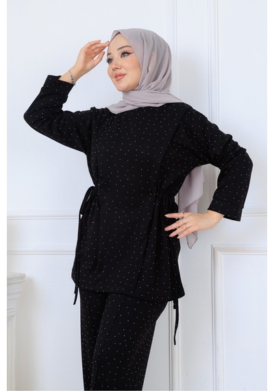 Unika Boutique Kadın Siyah Modal Kumaş Taşlı İkili Takım Tesettür Takım