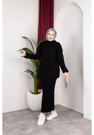 Hira Life Fashion Kadın Bel Lastikli Kolu Katlı Ve Kalem Etek İle Tunik Triko İkili Alt-üst Takım Siyah Siyah Hira Life Fashion Kadın Bel Lastikli Kolu Katlı Ve Kalem Etek İle Tunik Triko İkili Alt-üst Takım Siyah Siyah