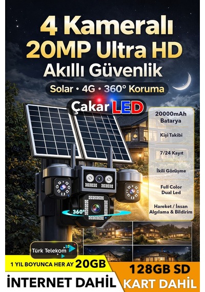 20gb İnternet 128gb Sd Kart Dahil 4 Lens 20mp Ultrahd Sim Kartlı Güneş Enerjili Güvenlik Kamerası 20gb İnternet 128gb Sd Kart Dahil 4 Lens 20mp Ultrahd Sim Kartlı Güneş Enerjili Güvenlik Kamerası