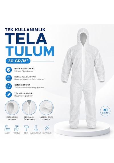 Tek Kullanımlık Tela Tulum 30gr Beyaz Fermuarlı 50 Adet