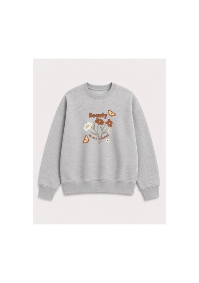 Herkesemoda Beauty Baskı Detaylı Bisiklet Yaka Şardonlu 2 İplik Sweatshirt Gri