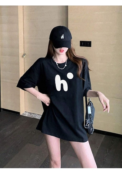 Unisex Siyah Oversize H. Baskılı Örme T-shirt Siyah
