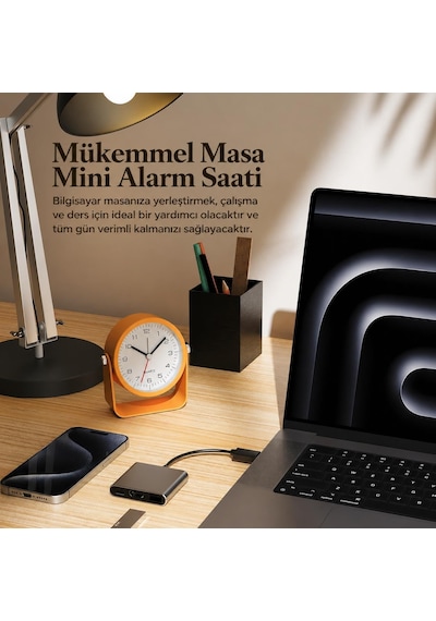 Sessiz Çalışan Mini Masa Saati Akıcı Mekanizma, Gece Işıklı, Şık Dekoratif Sarı