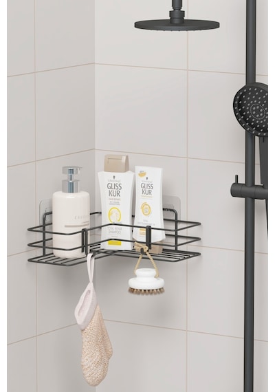 Zabata Yapışkanlı Banyo Köşeliği Köşe Rafı Duş Şampuanlık Duvar Düzenleyici Organizer Raf Siyah Metal Siyah