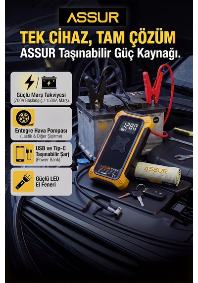 4'ü 1 Arada Dijital Göstergeli Powerbank Led Fener Hava Kompresörü Şarjlı Akü Takviye Cihazı-3274