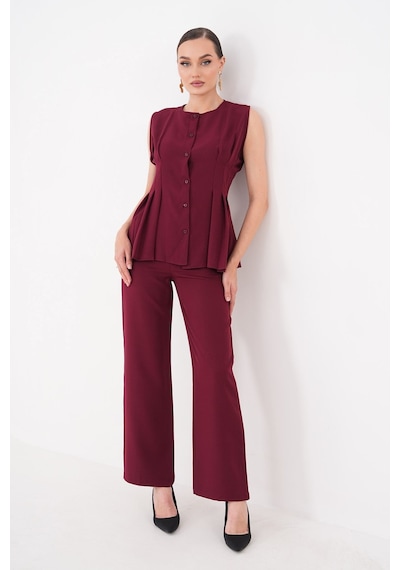 Diemmood Kadın Pilise Detaylı Bordo Yelek Pantolon Takım