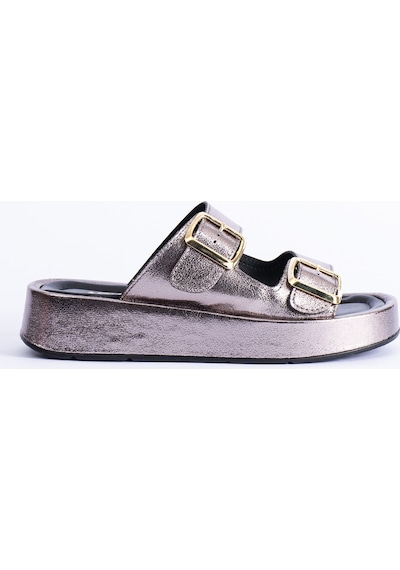 Polomia Comfort Calie Kadın Anatomik Comfort İki Bantlı Gold Detay Tokalı Esnek Yazlık Günlük Flat Sandalet Terlik Platin