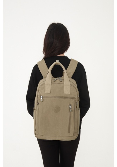Sanmorris Unisex Suya Dayanıklı Krinkıl Kumaş Çok Gözlü Bej Laptop Okul Ve Sırt Çantası