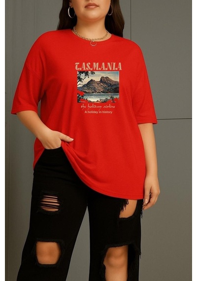 Büyük Beden Tasmania Baskılı Unisex Tişört Kırmızı
